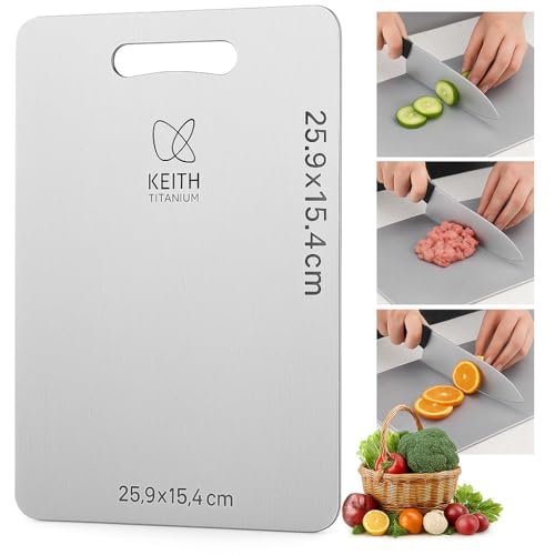 Keith Titanium Cutting Board Series Ti8721, Tagliere Bifacciale in Titanio Puro per Alimenti per Carne, Frutta e Verdura, Sicuro, Lavabile in Lavastoviglie, Ideale per Cucina e Uso Esterno (25.9x15.4)