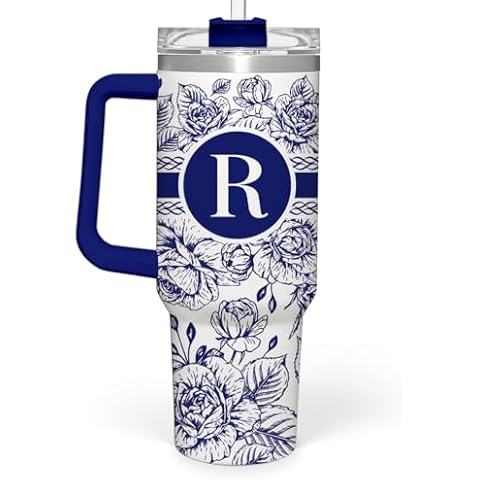 Personalized Tumbler with Handle 40oz, Monogrammed Tumbler with Letter R, Initial Gifts for Women Girls, Insulated Coffee Cup with Straw, Custom Gift for Birthday Christmas Mothers Day Cover