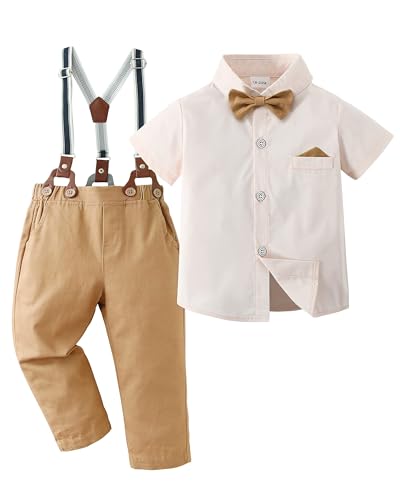 DISAUR Toddler Boy Wedding Outfits Short Sleeve Apricot Brown Dress Shirt Bow Tie Suspender Pants...
