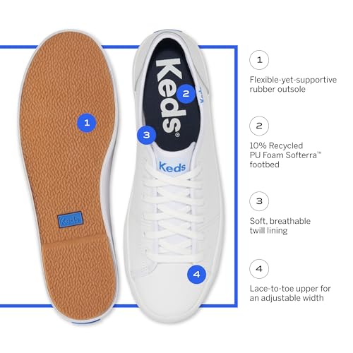 Keds Kickstart Lace Up, Sneaker Womens, White/Blue Leather, 6.5 Medium
