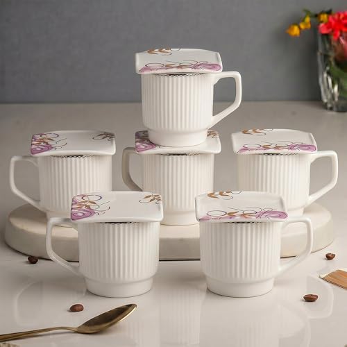 Image of U.P.C. Premium Bone China Ceramic Coffee Mug Set of 6 with 6 Coasters | Designer Tea & Coffee Cups |Printed Ceramic Mug Set | Tea Cups for Home,Office.