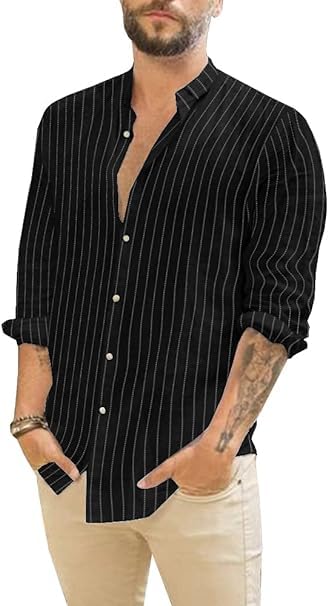 Runcati Camisa de lino para hombre, camisa de verano de manga larga, camisa de rayas para el tiempo libre, camisa de algodón, corte regular, camisa de playa