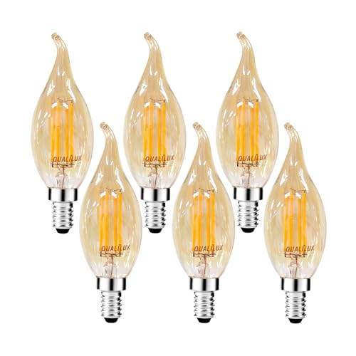 Qualilux Dusk to Dawn CA11 Candelabra LED Bulbs Vintage Full Amber Glass Non-Plastic Warm Amber 2300K 4W=40W 400LM Auto On/Off Light Sensing Bulb Non-dimmable E12 Base 6-Pack HQ-H049