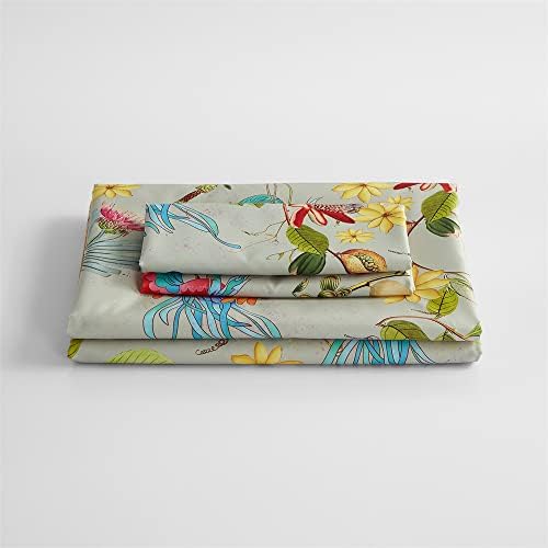 Wajade Flowers Birds Duvet Cover Set with Pillowcase Chinese Style Green Plants Duvet Quilt Cover Glossy Look of Silk Bedding Set for AdultsDouble Size