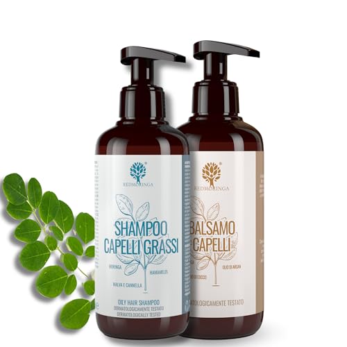 Set de champú para cabello graso de 250 ml + acondicionador regenerador 200 ml, 99 % natural, sin SLS, siliconas ni parabenos, con moringa orgánica, argán, coco y miel, limpia la piel grasa