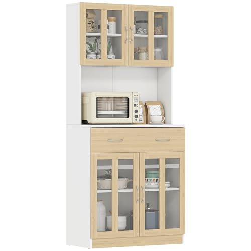 HOMCOM Buffet Haut de Cuisine Armoire de Cuisine Multi-Rangement 4 Portes vitrine Verre avec étagère tiroir Coulissant Grand Plateau en Bois Blanc Aspect chêne Clair