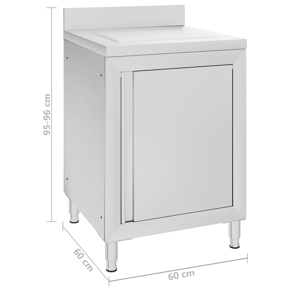 Mueble de cocina de acero inoxidable con escurridor, 60 x 60 x 95 a 96 cm, patas ajustables, borde de 10 cm, espacio de almacenamiento para gastronomía, restaurante, cocina, catering, hotel