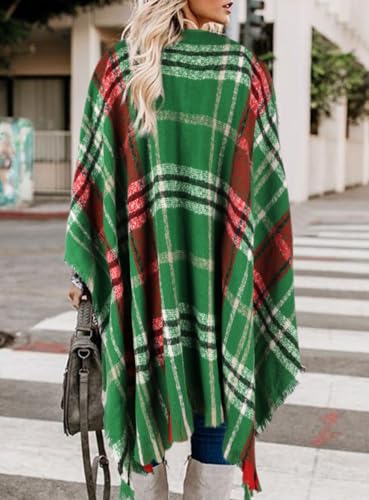 Image of Bestshe Women's Boho Open Front Poncho Plaid Shawl Wrap Cape | Tassel Cardigan Sweater, Cozy Layering, Fall Winter Clothes for Women
