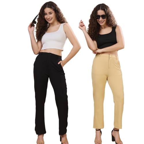 Image of Pack of 2 Women's Regular Fit Solid Cotton Blend Trousers - Soft, Breathable & Stretchable Bottom Wear for Office, Casual Outings & Daily Comfort