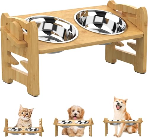 Hundenapf Erhöht 6 Höhenverstellbar Erhöhter Futternapf Hund Futterstation mit Ständer für Kleine Hunde und Katzen Futterstation Hund Bambus mit 2 Edelstahl Fressnapf und rutschfest Hundebar