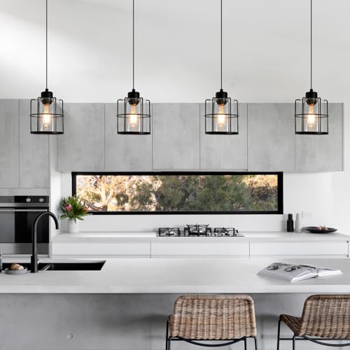 Industrial-Matte-Black-Pendant-Light-Fixtures-Farmhouse-Pendant-Lights-Kitchen-Island-Iron-Cage-Metal-Hanging-Light-Pendant-Light-Lantern-with-Clear-Glass-Shade-for-Entryway-Dining-Room-HallwayE26 Industrial Matte Black Pendant Light Fixtures Farmhouse Pendant Lights Kitchen Island Iron Cage Metal Hanging Light Pendant Light Lantern with Clear Glass Shade for Entryway Dining Room HallwayE26