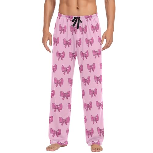 Men's Cute Pink Bows Pajama Pants with Pockets - Straight Fit Cotton Sleep Bottoms for Lounge & Nightwear#5742