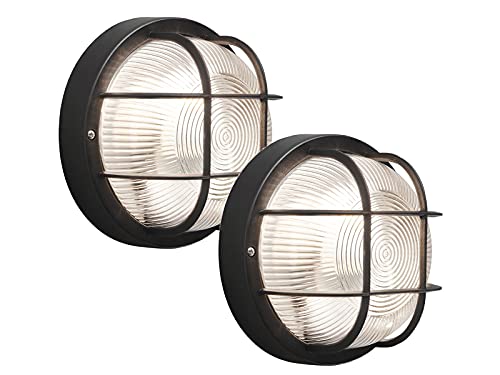 KONSTSMIDE Mantova 7651-750-2 Lot de 2 lampes de cave, luminaires pour pièces humides, grille de protection, montage mural/plafond Noir