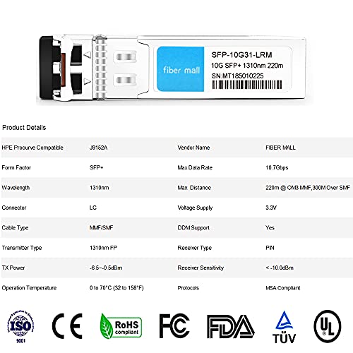 Image of 10G SFP LRM for HPE Procurve J9152A HPE Aruba Fiber OPrtic Transceive Module 10GBASE-LRM SFP+ 1310nm, 220m Over OM3 MMF, 300m Over SMF LC DOM