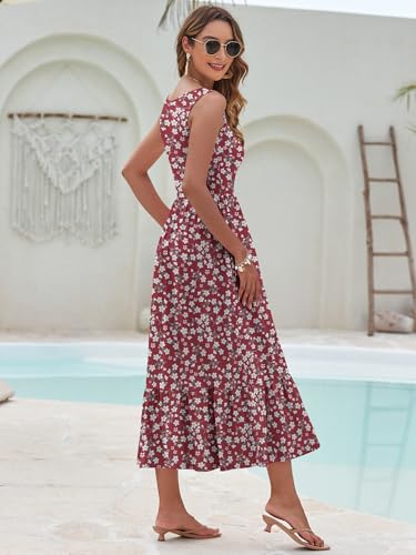 Image of AUSELILY Womens Summer Maxi Dress Casual Sleeveless V Neck Floral Dresses | A line shape with practical side pockets, Vacation dress for resort walks, Pair with low heels and simple jewelry