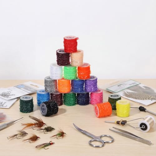 FunooFuno 24 Pcs Fly Tying Materials Multi Colored Chenille Fly Fishing Thread DIY Fishing Tying Line Kit for Nymphal Bugs Scud Shrimp Lures Flies Supplies(Crystal Flash,288 M,Classic)