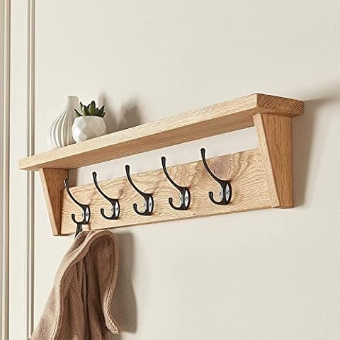 Off the Grain Oak Coat Rack with Shelf | Wooden Wall Mounted coat hooks with shelf with Premium Heritage Oak Finish | Perfect for Hallway, Bedroom, Living Room, Bathroom, Utility Room (9 Hooks-122cm) Cover