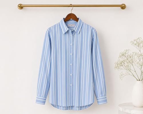 Image of Women's Blue and White Striped Cotton Shirt, Oversized Regular Fit, Full Sleeves, Collared Longline Button-Down, for Office and Everyday Wear