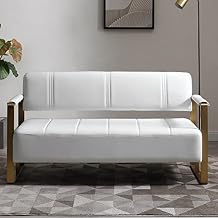 57.9" Modern Leather Loveseat Sofa, Upholstery Faux Bonded Leather Accent Futon Couch with Metal Square Arms for Living Room, Office, Apartment White