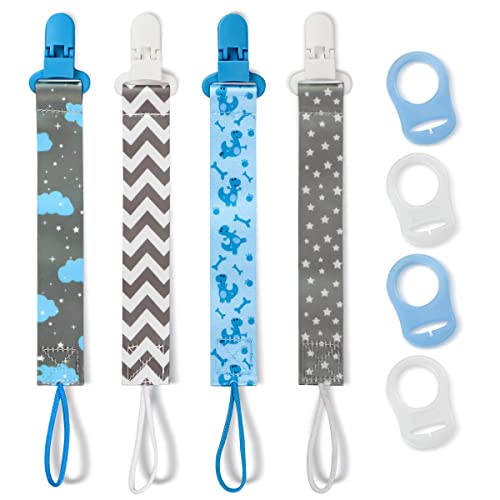Image of 4 Pack Pacifier Clips for Boys Girls, Dummy Clips Baby with Adapters, Silicone Binky Clips for Baby Teething Toys Baby Shower (Blue)