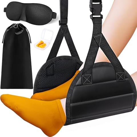 CushZone Foot Hammock Airplane Foot Rest, Length Adjustable Airplane Foot Rest, Airplane Travel Essentials with Eye Mask and Earplugs, Flight Essentials Airplane Foot Hammock to Relax Your Feet(1 Set) Cover