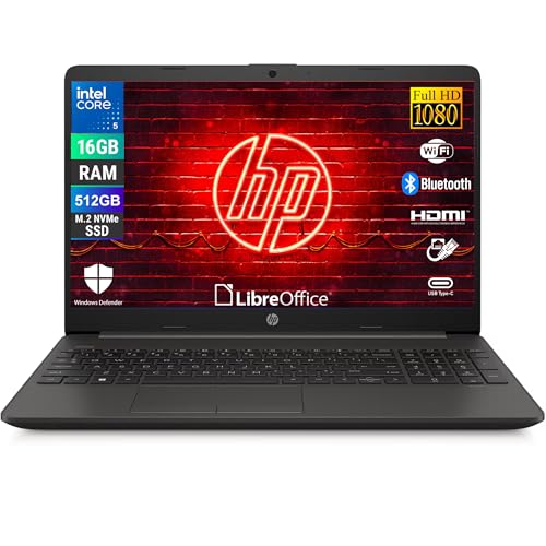 HP 250R G9, Computer Portatile Notebook, Intel 5-120u 10 Core 1.4Ghz, Display 15.6'' FHD, Ram 16GB, SSD 512GB, Windows 11, Pronto all'uso con Libre Office