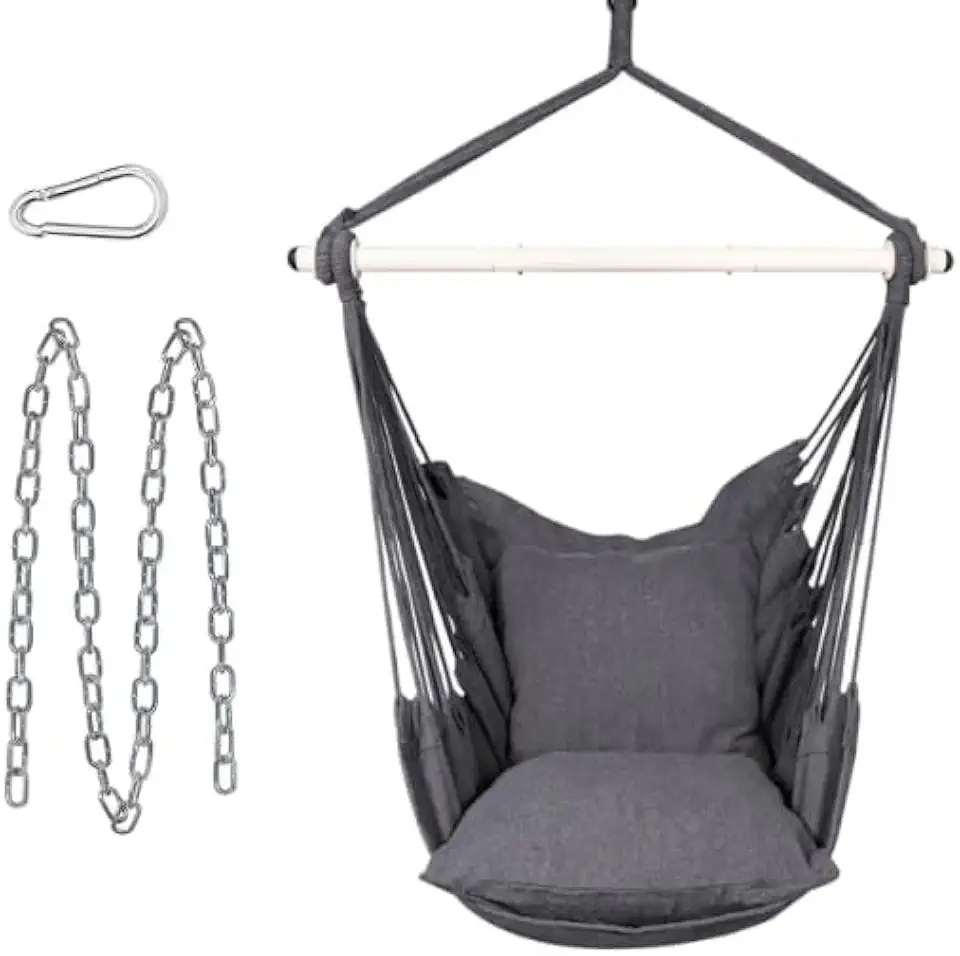 Hamacs design & mobilier jardin tendance 2026 : 50 idées Pinterest SONGMICS Fauteuil suspendu, balançoire, avec 2 coussins, chaîne en métal, charge jusqu'à 1