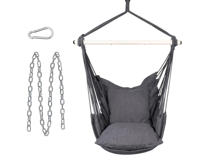 SONGMICS Fauteuil suspendu, balançoire, avec 2 coussins, chaîne en métal, charge jusqu'à 150 kg, pour l'intérieur et l'extérieur, salon, chambre à coucher, gris ardoise GDC197G02
