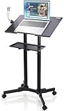 Pyle Lectern Podium Stand | Adjustable Height Top Shelf, Bottom Shelf, Locking Plastic Wheels, & LED Reading Light | Mobile Standing Desk for Classrooms & Presentations | Portable Rolling Table Design