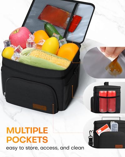 HOTOR Insulated Lunch Box for Men & Women - Leak-Proof Cooler Lunch Bag with 4 Pockets, Adjustable Strap, Ideal for Work, Picnic, Travel - Medium, Black, 10.2"×6.9"×8.5" - 6