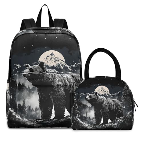 Backpack Lunch Box Set Large Capacity Travel Backpacks and Insulated Lunch Bag for Commute Hiking Picnic Night Bear Print