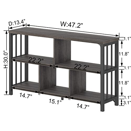 Ibf Industrial 5 Cube Storage Organizer Bookshelf, Rustic Low Horizontal Book Shelf, Metal And Wood Cube Bookcase For Bedroom, Modern Wide Cubby Shelf For Living Room Home Office, Dark Grey Oak, 47 In #TOP3