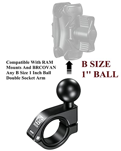 BRCOVAN 1'' Ball Mount, Aluminum Alloy Handlebar Clamp Base, Fit for Round Rails 0.875'' / 1'' / 1.125'' / 1.26'' in Diameter, Compatible with RAM Mounts B Size 1 Inch Ball Double Socket Arm