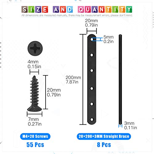 Glarks 8 Sets 200mm Flat Straight Corner Brace Black Metal Joint Plate Connector Repair Fixing Bracket with 55Pcs Screws for Wood Furniture (200x20x3mm) - Image 2