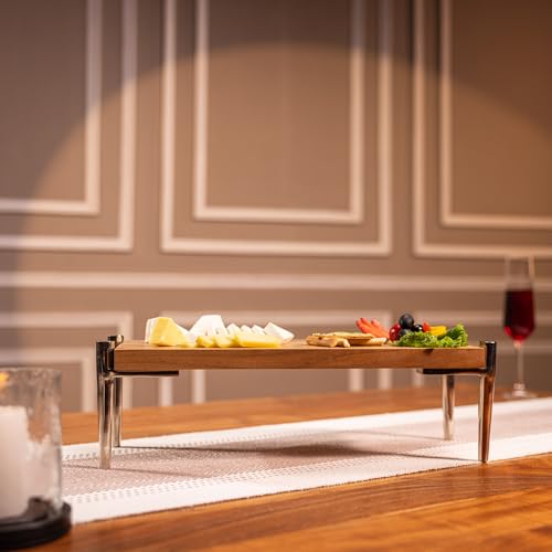 Image of Stack'd High Rise Stand Multipurpose Serveware, Acacia Wood & Aluminium - Wooden Serving Stand for Cheese, Fruits, Starters & Desserts, Space-Saving Table Display