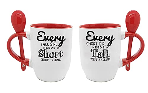 Every Tall Girl Needs A Short Best Friend Gift Friendship Day Coffee Tea Mugs Birthday Spoon Ceramic Mugs Two Mugs Set Gift (Red Spoon)