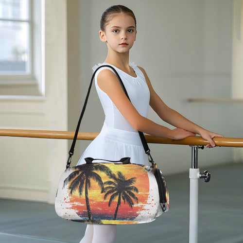Duffle Bag for Boys or Girls with Shoes Compartment, Sunset Palm Trees Sports Travel Bag Overnight3