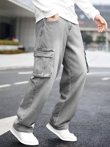 Image of Ben Martin Men's Denim Cotton Cargo Jeans || Stretchable Baggy Fit || High Waist Loose Cargos for Men with Box Pockets || Stylish Gen-Z Streetwear || Sizes 28-40 || Black, Khaki, Grey & More