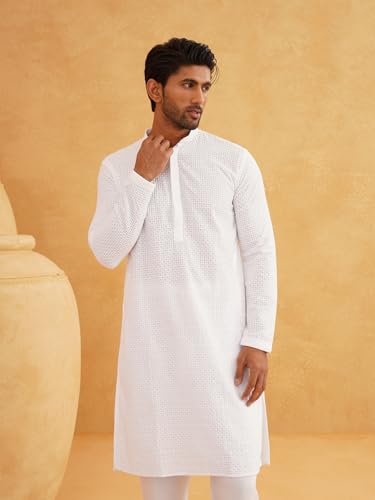 Image of Sojanya (Since 1958 Men'S Geometric Embroidered Thread Work Cotton Straight Long Kurta