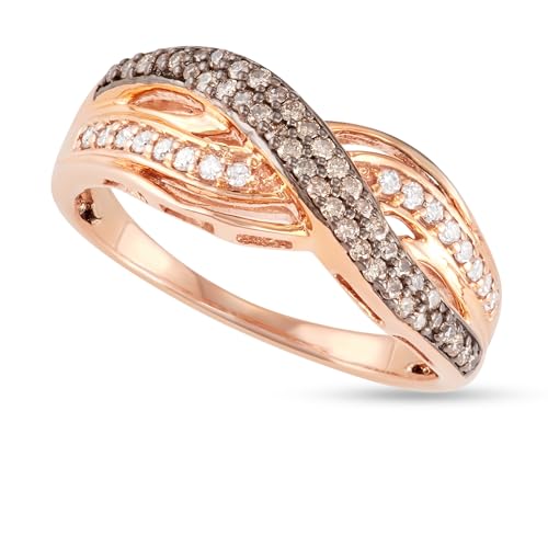 Hdiamonds 1/3 Carat Total Weight (cttw) White and Brown Diamonds By-Pass Ring - Sterling Silver with Rose Gold Plated Rings for Women (Size: 7)