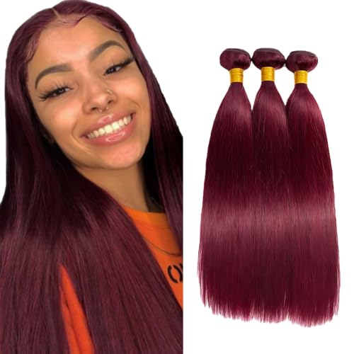 14 14 14 Inch Human Hair Bundles Burgundy 99J Straight Hair Bundles Human Hair 100% Unprocessed Soft Sewn In Human Hair Extensions with Double Weft for Black Women
