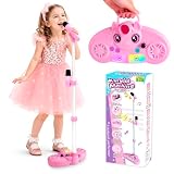 YYSWSAKY Microfono con Pie para Niños, Karaoke Infantil 2 Microfonos, Altura Regulable 47-108 cm, Luces LED de Colores, 5 Efectos Sonido, Bluetooth, Regalo de Cumpleaños Navidad para 3+ Niños (Rosa)