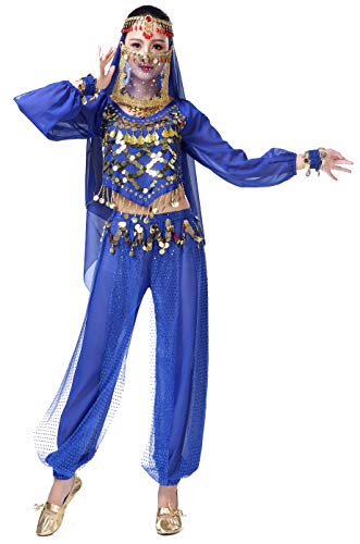 Lauthen.S Women Belly Dance Outfit Coins Top Pants Face Veil Set Halloween Costume Royal Blue