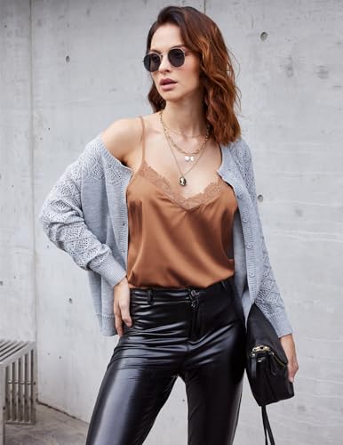 Image of Ekouaer Women's Satin Camisole Lace Silk Satin Pajama Tank Tops V Neck Soft Spaghetti Strap Loose Sleepwear Light Coffee XXXL
