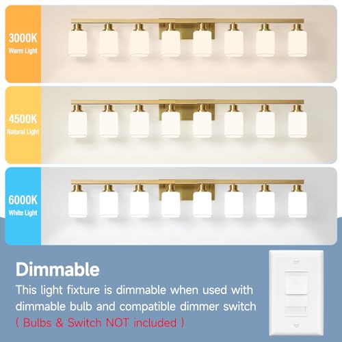 Image of Bathroom Vanity Light,8-Light Brushed Gold Bathroom Light Fixtures with Square Frosted Glass, 51in Gold Wall Lamp Sconces for Mirror Bedroom,Living Room Hallway,E26