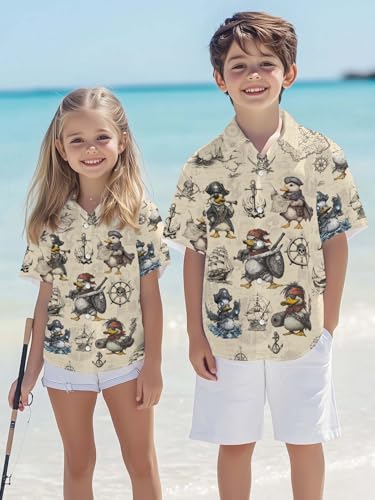 Image of THE PIRATE KING Funny Pirate Hawaiian Shirt Boys Girls Beach Tropical Casual Short Sleeve Button Down Shirt for 5-14 Years