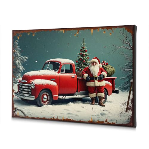 Toile camion rouge Père Noël déco murale hiver 40x60cm