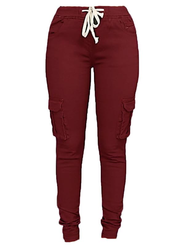 Andongnywell Womens Solid Color Stretch Drawstring Skinny Pants Cargo Joggers Butt Lift Pant with Pockets