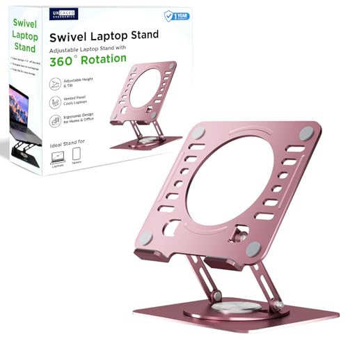 Image of Uncaged Ergonomics Swivel Laptop Stand for Desk, Adjustable Computer iPad Stand for Desk w / 360 Rotation, Portable Laptop Holder for Home Office Ergonomic Supplies (Rose Gold)