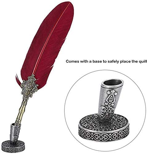 Image of SHUTTLE ART Vintage Carving Feather Pen Set, Glittering Quill Pen Set Antique Calligraphy Writing Dip Pen with Ink, Pen Stand Base, Luxury Vintage Signature Pen